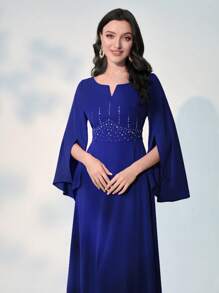 Modelyn Rhinestone Detail Notched Neckline Dress - Royal Blue - View 4