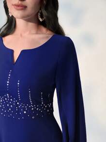 Modelyn Rhinestone Detail Notched Neckline Dress - Royal Blue - View 5