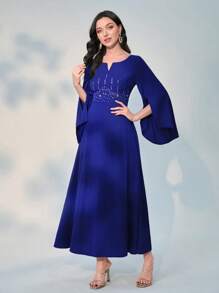 Modelyn Rhinestone Detail Notched Neckline Dress - Royal Blue - View 6