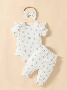 SHEIN Baby Girl Floral Print Ruffle Trim Bodysuit & Trousers & Headband - White - View 3