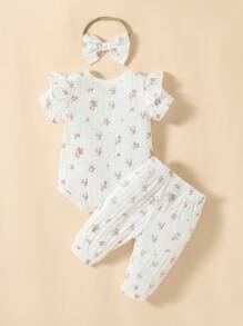 SHEIN Baby Girl Floral Print Ruffle Trim Bodysuit & Trousers & Headband - White - View 2