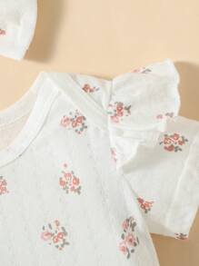 SHEIN Baby Girl Floral Print Ruffle Trim Bodysuit & Trousers & Headband - White - View 8