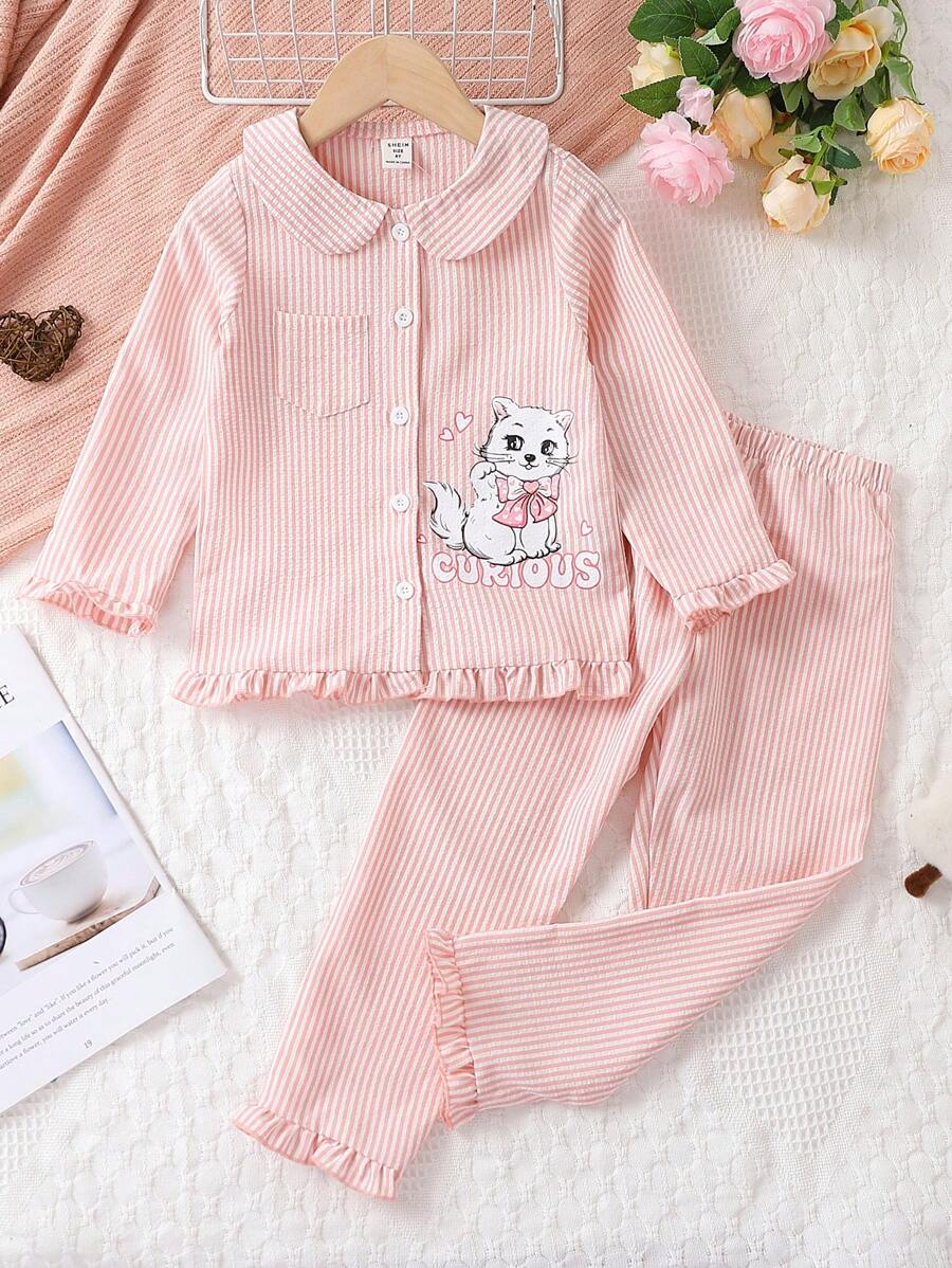 Young Girl Striped & Cartoon Graphic Peter Pan Collar Ruffle Hem PJ Set - Pink - View 1