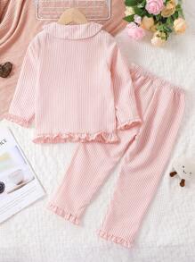 Young Girl Striped & Cartoon Graphic Peter Pan Collar Ruffle Hem PJ Set - Pink - View 2