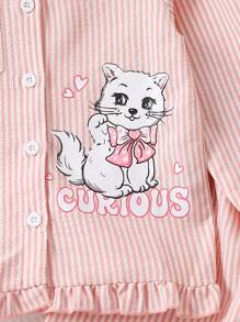 Young Girl Striped & Cartoon Graphic Peter Pan Collar Ruffle Hem PJ Set - Pink - View 4