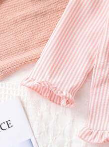 Young Girl Striped & Cartoon Graphic Peter Pan Collar Ruffle Hem PJ Set - Pink - View 5