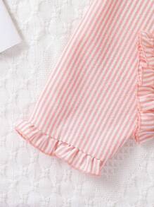 Young Girl Striped & Cartoon Graphic Peter Pan Collar Ruffle Hem PJ Set - Pink - View 6