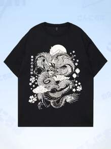 ROMWE MEN Anime Guys Japanese Letter & Dragon Graphic Drop Shoulder Tee - Black - View 1