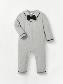 Cozy Pixies Đứa bé trai Tương phản ràng buộc Nơ mặt trước Cổ Polo Áo liền quần - Màu Xám nhạt - Xem 6