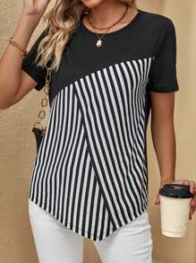 SHEIN LUNE Striped Print Asymmetrical Hem Tee