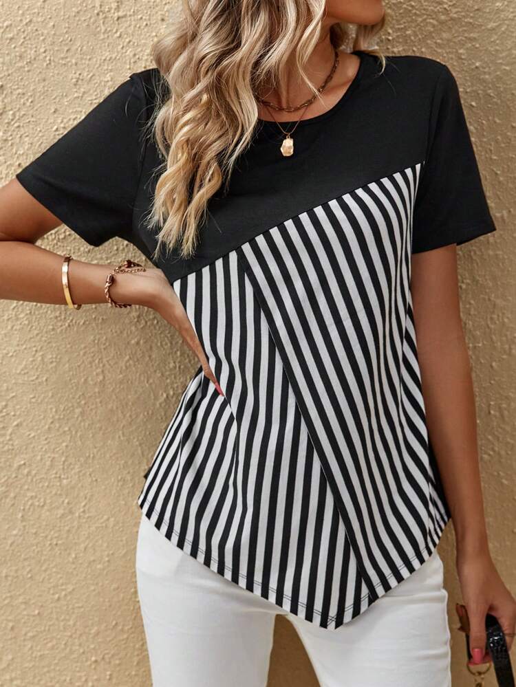 Striped Print Asymmetrical Hem Tee,Casual