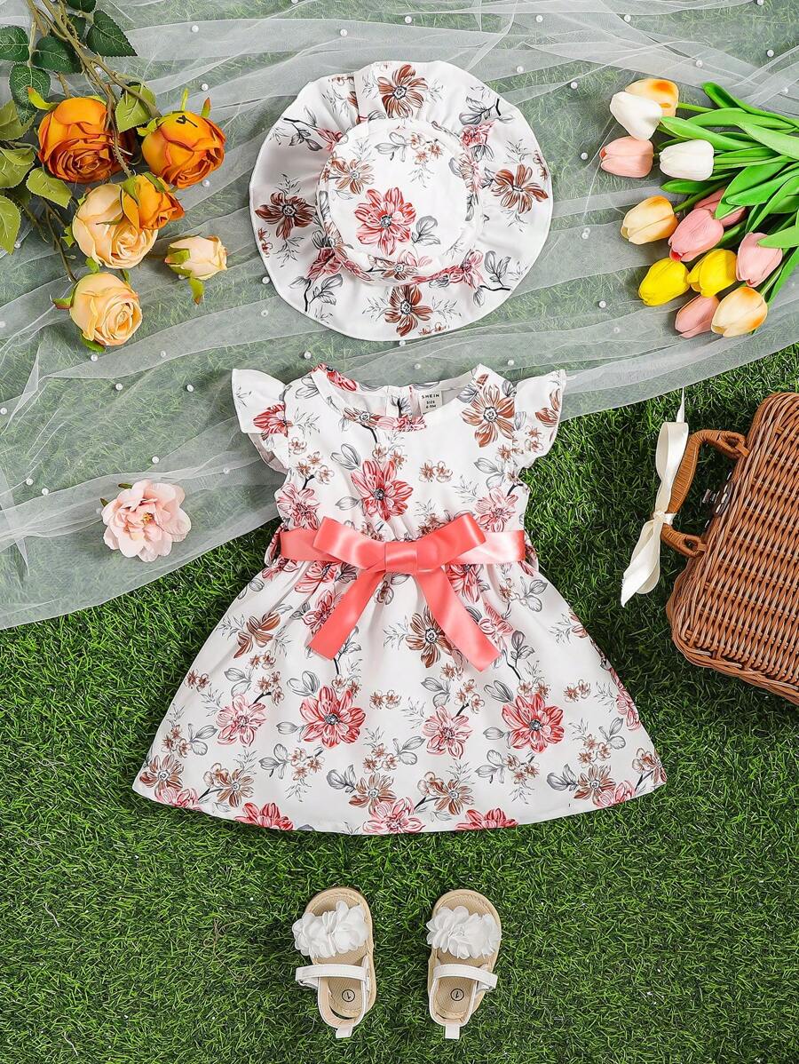 女嬰印花荷葉邊繫腰帶洋裝附帽子 - 彩色 - 查看 1