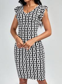 SHEIN Clasi 滿版印花荷葉邊緊身洋裝 - 黑與白 - 查看 4