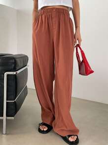 DAZY Chất rắn Túi nghiêng Quần ống rộng - Gỗ đỏ - Xem 6