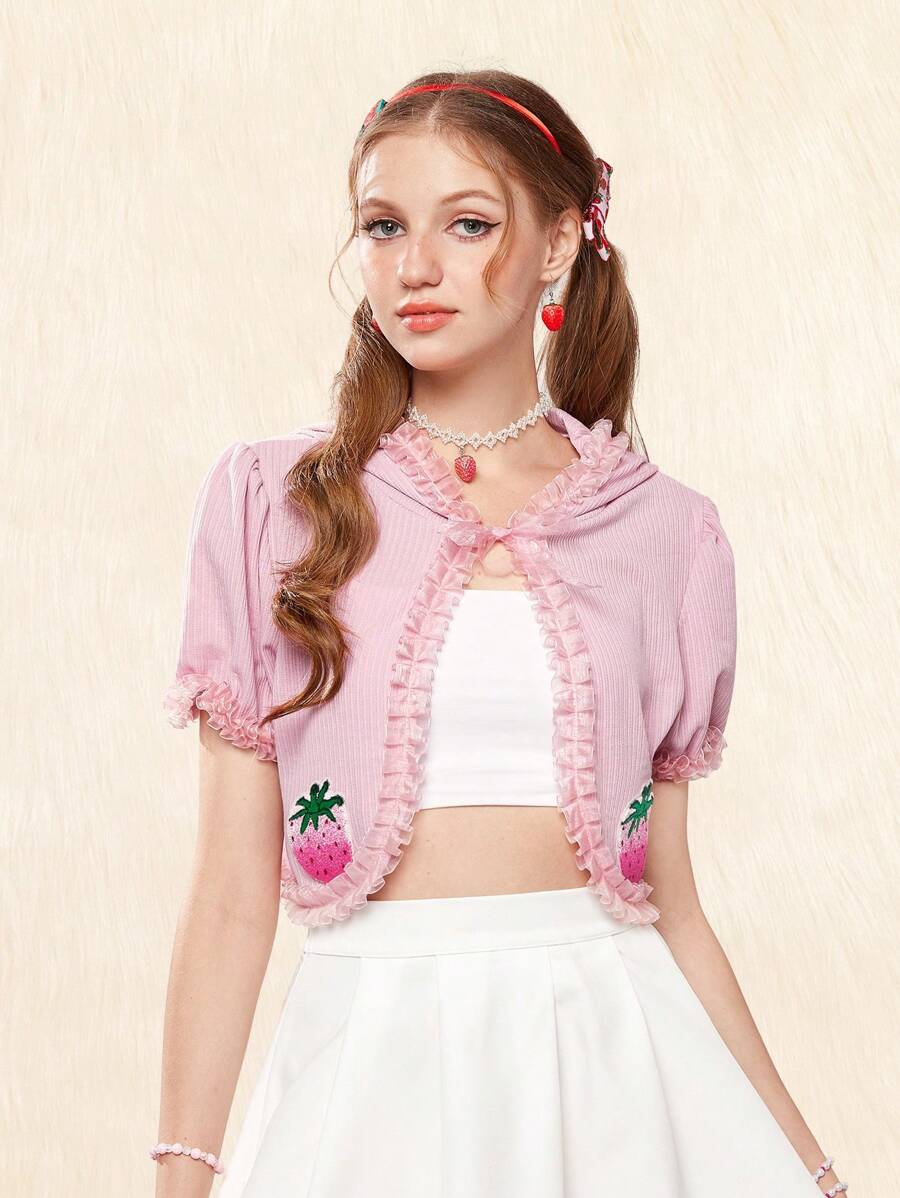 ROMWE Kawaii 草莓刺繡褶邊連帽短款上衣 - 粉色 - 查看 1