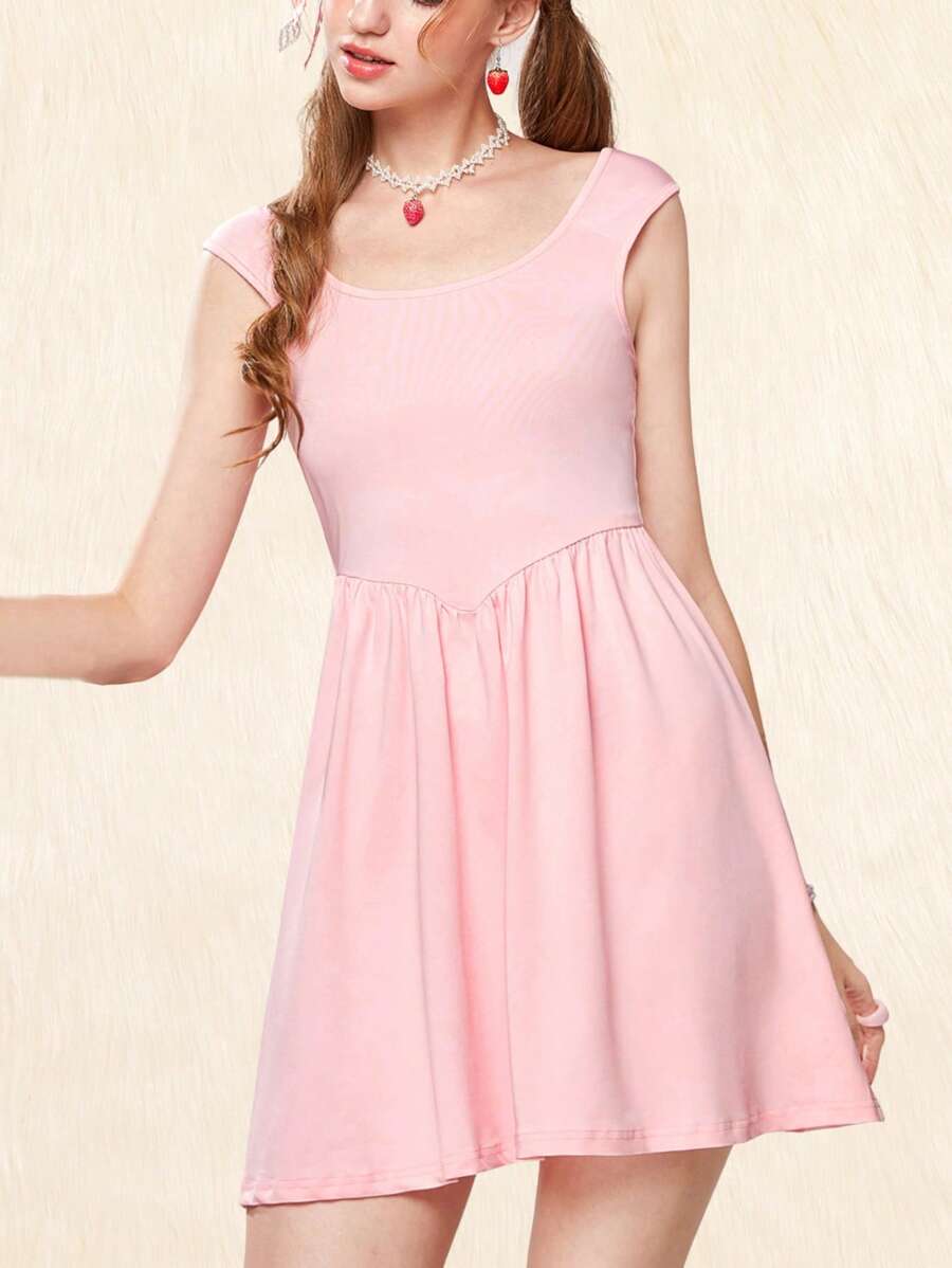 ROMWE Kawaii Chất rắn Váy chữ A - Hồng - Xem 1