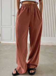 DAZY Chất rắn Túi nghiêng Quần ống rộng - Gỗ đỏ - Xem 5