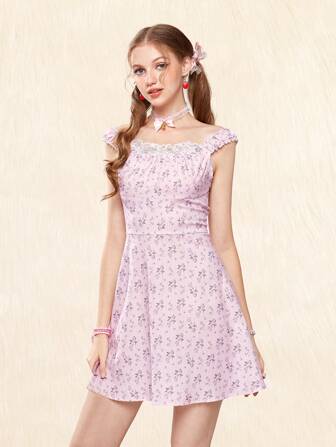 Kawaii Ditsy Floral Print Frill Trim Dress