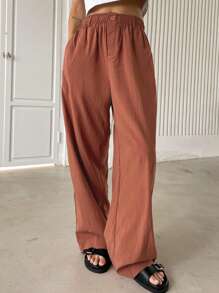 DAZY Chất rắn Túi nghiêng Quần ống rộng - Gỗ đỏ - Xem 1