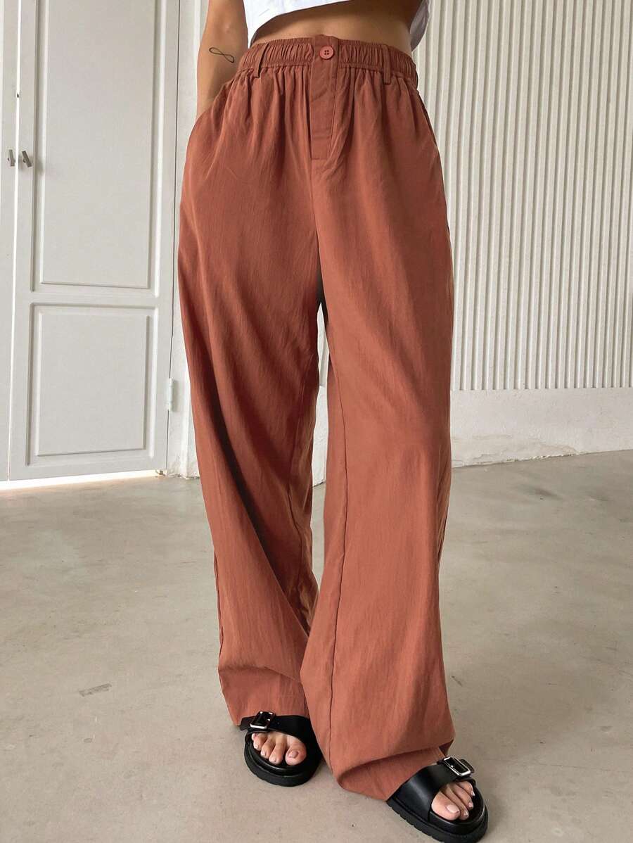 DAZY Chất rắn Túi nghiêng Quần ống rộng - Gỗ đỏ - Xem 1