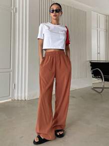 DAZY Chất rắn Túi nghiêng Quần ống rộng - Gỗ đỏ - Xem 7