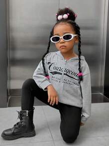 SHEIN 女小童閒暇灰色針織拉鍊開襟連帽衛衣帶圖案圖案,秋天和冬天 - 灰色 - 查看 1