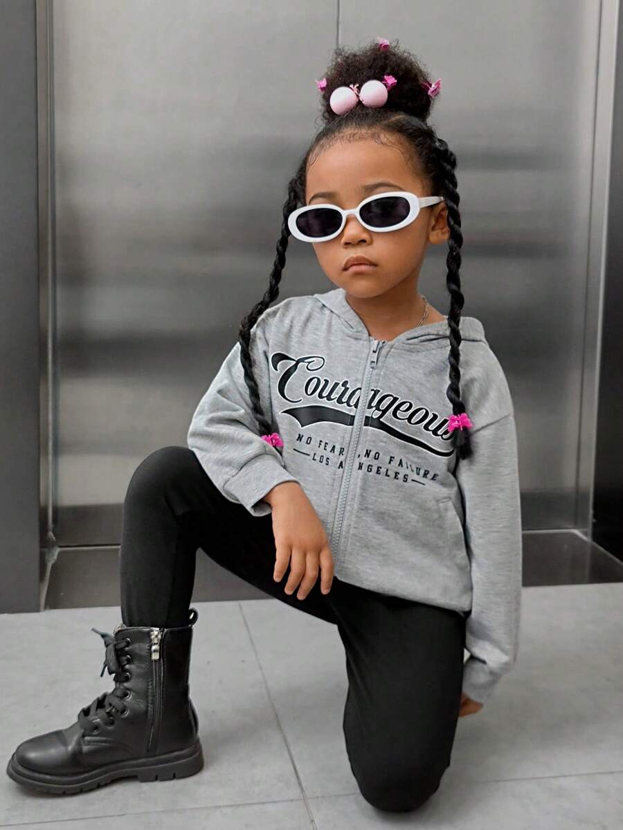 SHEIN 女小童閒暇灰色針織拉鍊開襟連帽衛衣帶圖案圖案,秋天和冬天 - 灰色 - 查看 1