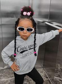 SHEIN 女小童閒暇灰色針織拉鍊開襟連帽衛衣帶圖案圖案,秋天和冬天 - 灰色 - 查看 3