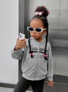 SHEIN 女小童閒暇灰色針織拉鍊開襟連帽衛衣帶圖案圖案,秋天和冬天 - 灰色 - 查看 4