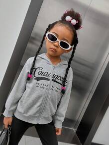 SHEIN 女小童閒暇灰色針織拉鍊開襟連帽衛衣帶圖案圖案,秋天和冬天 - 灰色 - 查看 6