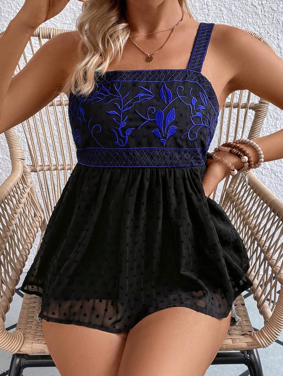 SHEIN VCAY Floral Embroidery Mesh Hem Peplum Wide Strap Top - Black - View 1