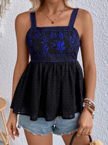 SHEIN VCAY Floral Embroidery Mesh Hem Peplum Wide Strap Top - Black - View 4