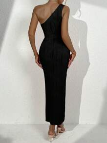 SHEIN Privé One Shoulder Cut Out Split Thigh Dress - Black - View 2
