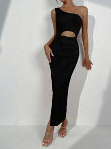 SHEIN Privé One Shoulder Cut Out Split Thigh Dress - Black - View 4