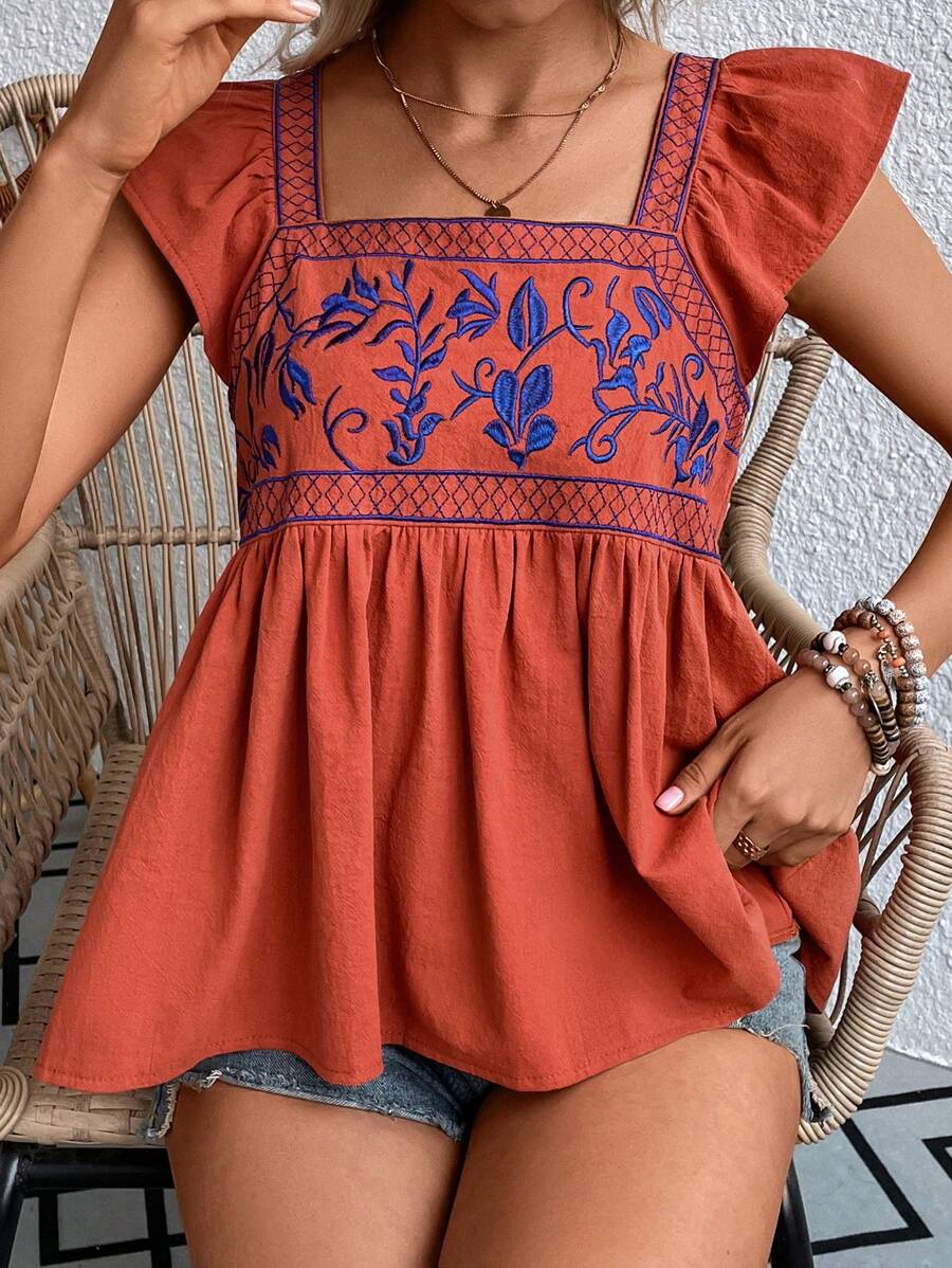 SHEIN VCAY Plants Embroidery Ruffle Trim Blouse - Orange - View 1