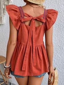 SHEIN VCAY Plants Embroidery Ruffle Trim Blouse - Orange - View 2