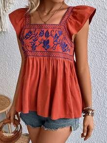 SHEIN VCAY Plants Embroidery Ruffle Trim Blouse - Orange - View 4