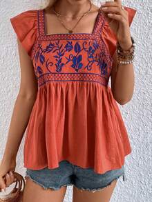 SHEIN VCAY Plants Embroidery Ruffle Trim Blouse - Orange - View 5