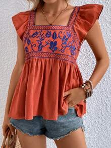 SHEIN VCAY Plants Embroidery Ruffle Trim Blouse - Orange - View 6