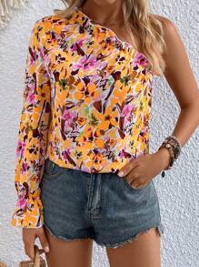 SHEIN VCAY Vải in hoa Một bờ vai Tay áo loe Áo sơ mi - Màu vàng - Xem 1