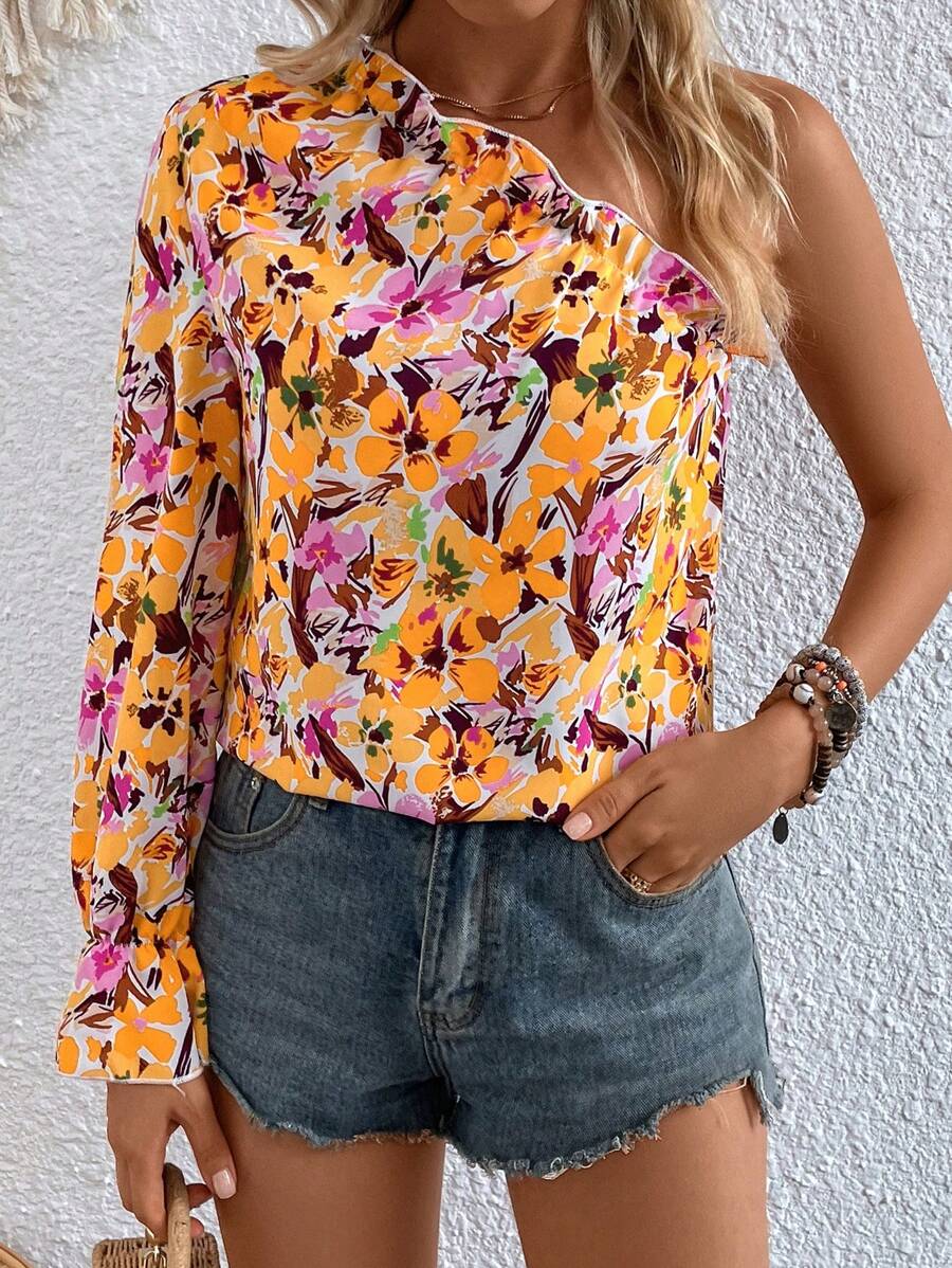 SHEIN VCAY Vải in hoa Một bờ vai Tay áo loe Áo sơ mi - Màu vàng - Xem 1