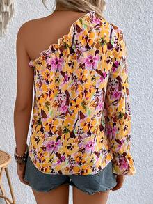 SHEIN VCAY Vải in hoa Một bờ vai Tay áo loe Áo sơ mi - Màu vàng - Xem 2