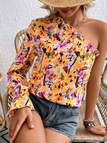 SHEIN VCAY Vải in hoa Một bờ vai Tay áo loe Áo sơ mi - Màu vàng - Xem 5