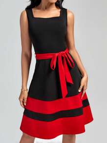 SHEIN Clasi 撞色腰帶A字洋裝 - 彩色 - 查看 2