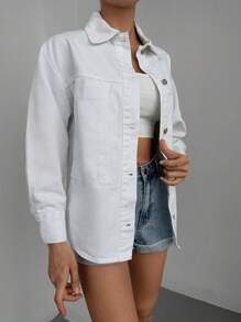 EURMUSE Drop Shoulder Button Front Denim Jacket - White - View 3