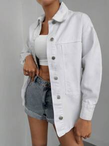 EURMUSE Drop Shoulder Button Front Denim Jacket - White - View 4