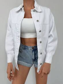EURMUSE Drop Shoulder Button Front Denim Jacket - White - View 6