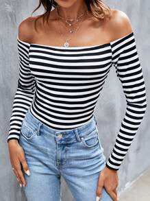 SHEIN Frenchy Striped Print Off Shoulder Tee - Black and White - View 2
