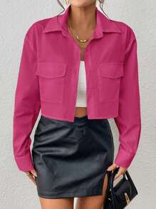 SHEIN Essnce Flap Pocket Drop Shoulder Shirt - Hot Pink - View 3