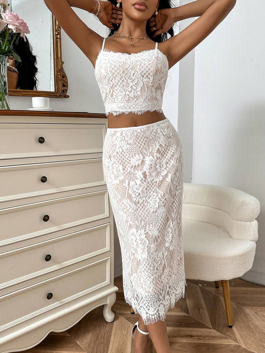SHEIN Privé Lace Cami Top & Skirt - White - View 1